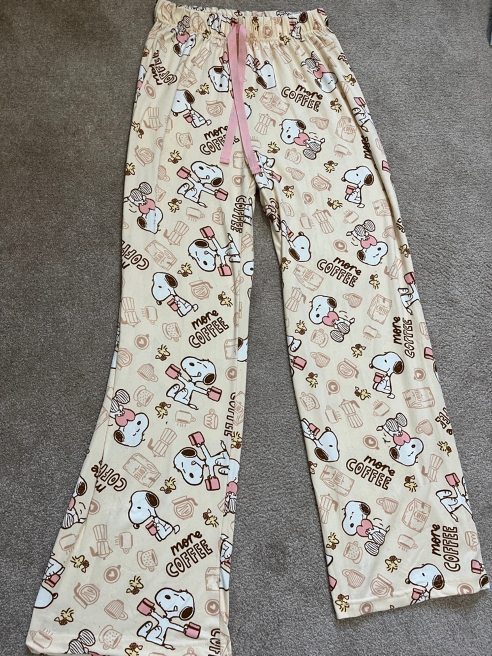 Peanuts Snoopy Woodstock Pajama Pants More Coffee peach pink size Small 2025